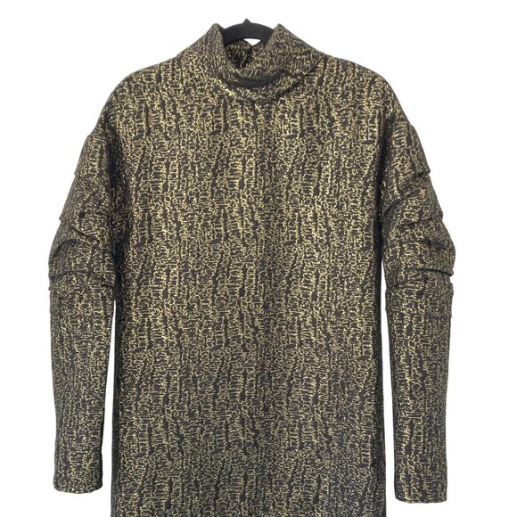 Mart Size 0 Metallic Gold Black Structured Mini Dress Lambskin Leather Trim Silk - Picture 6 of 13